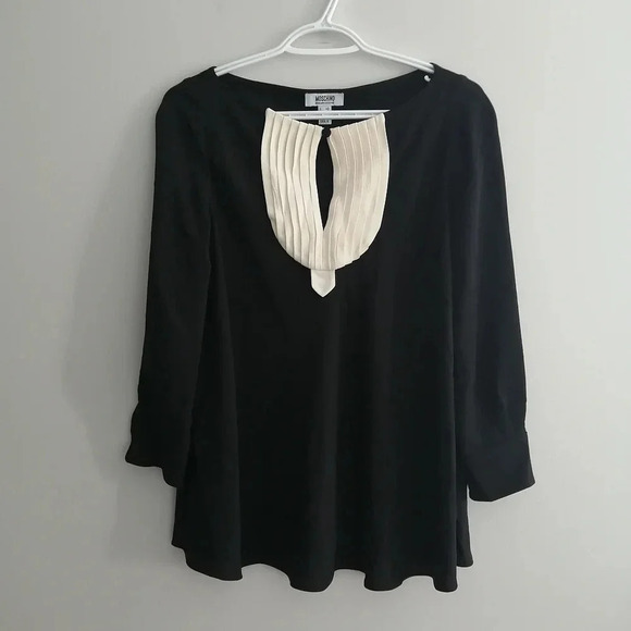 Moschino Cheap and Chic Pleated Tuxedo Style 100% Silk Long Sleeve Blouse Size 6 - Picture 2 of 16